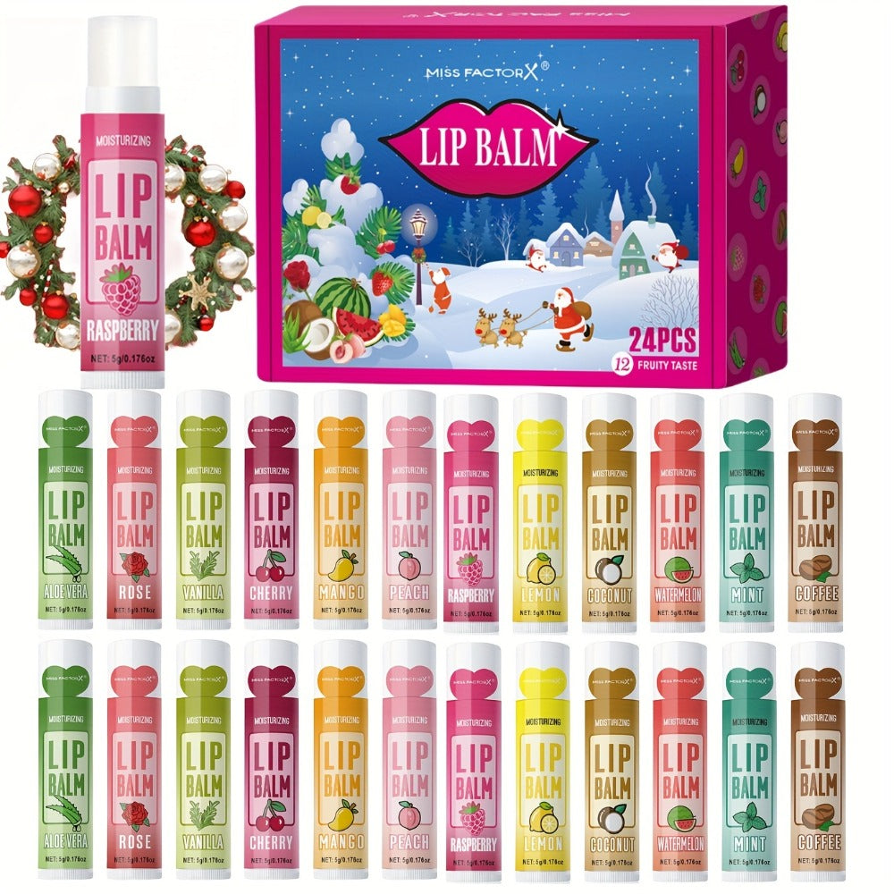 Lip Balm 24-Piece Holiday Gift Box with 12 Assorted Flavor Labels and Colorful Twist-Up Tubes — image 3