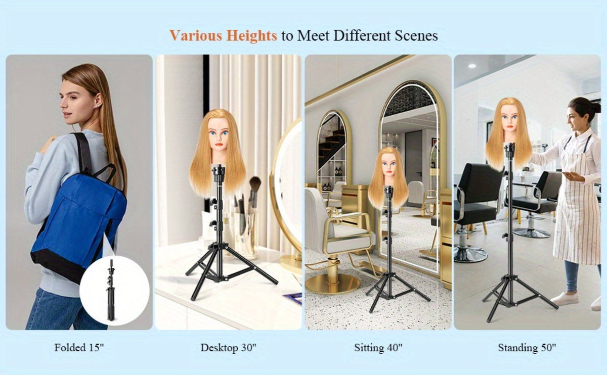 Adjustable Wig Stand Tripod 360 Rotation Aluminum Alloy Height Adjustable to 50 Inch Foldable Portable Mannequin Head Stand f