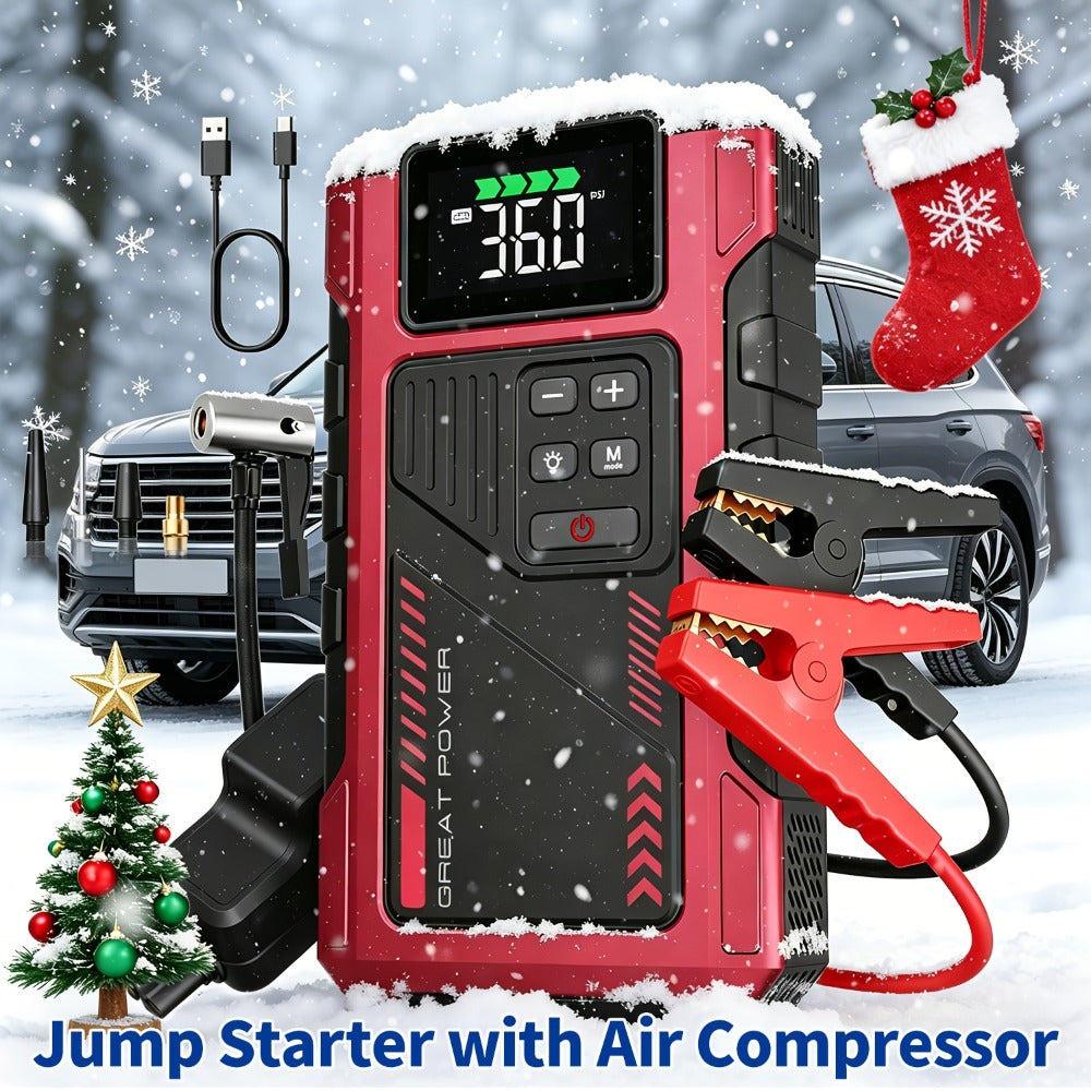 Portable Jump Starter 9-in-1 with Air Compressor – 12V Car Battery Booster for 8.0L Gas & 6.5L Diesel, USB-C, LED Emergency L