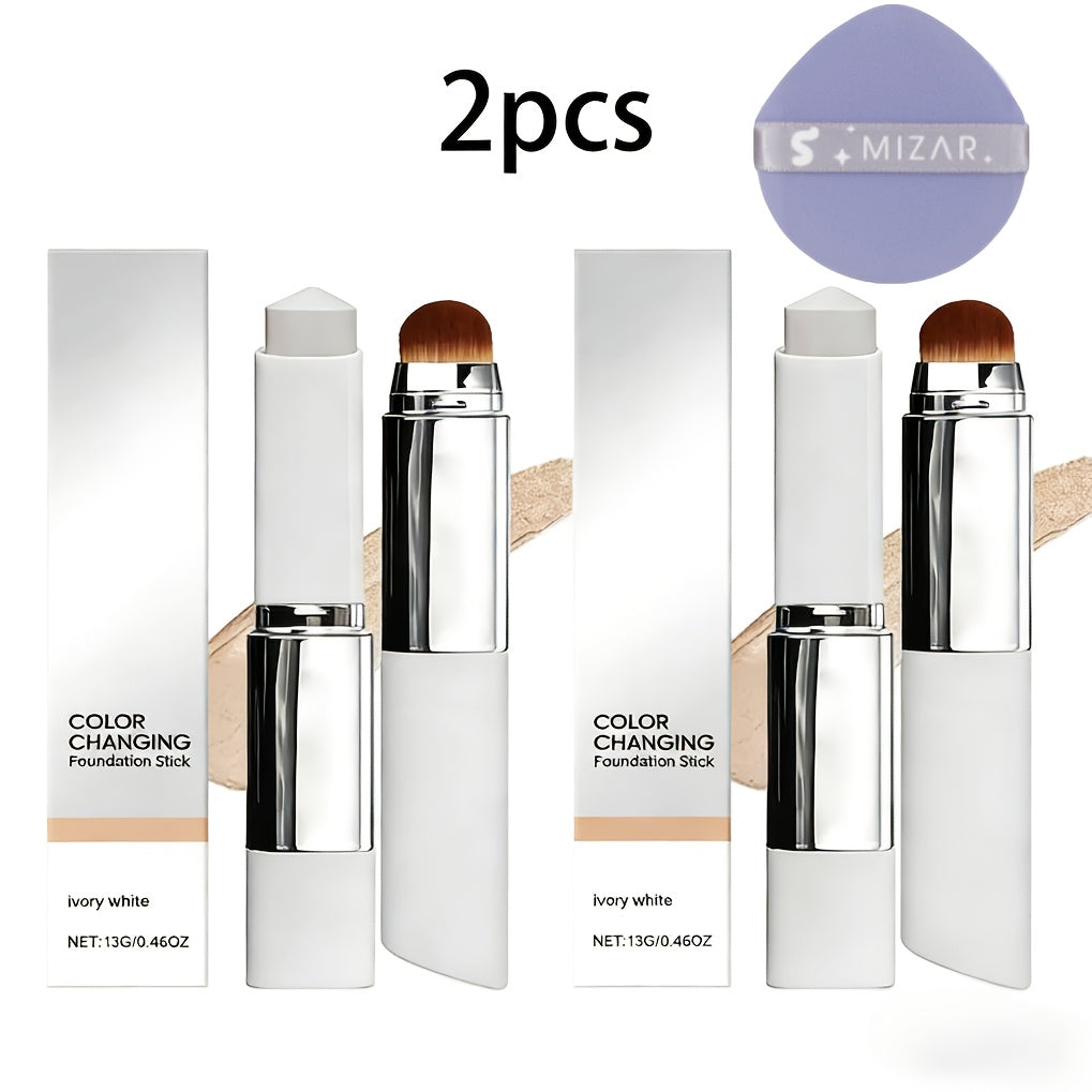 Skin Tone Adapting Color-Changing Foundation Stick 2-Piece with Built-In Brush & Puff – Lightweight Matte Finish Sheer to Bui