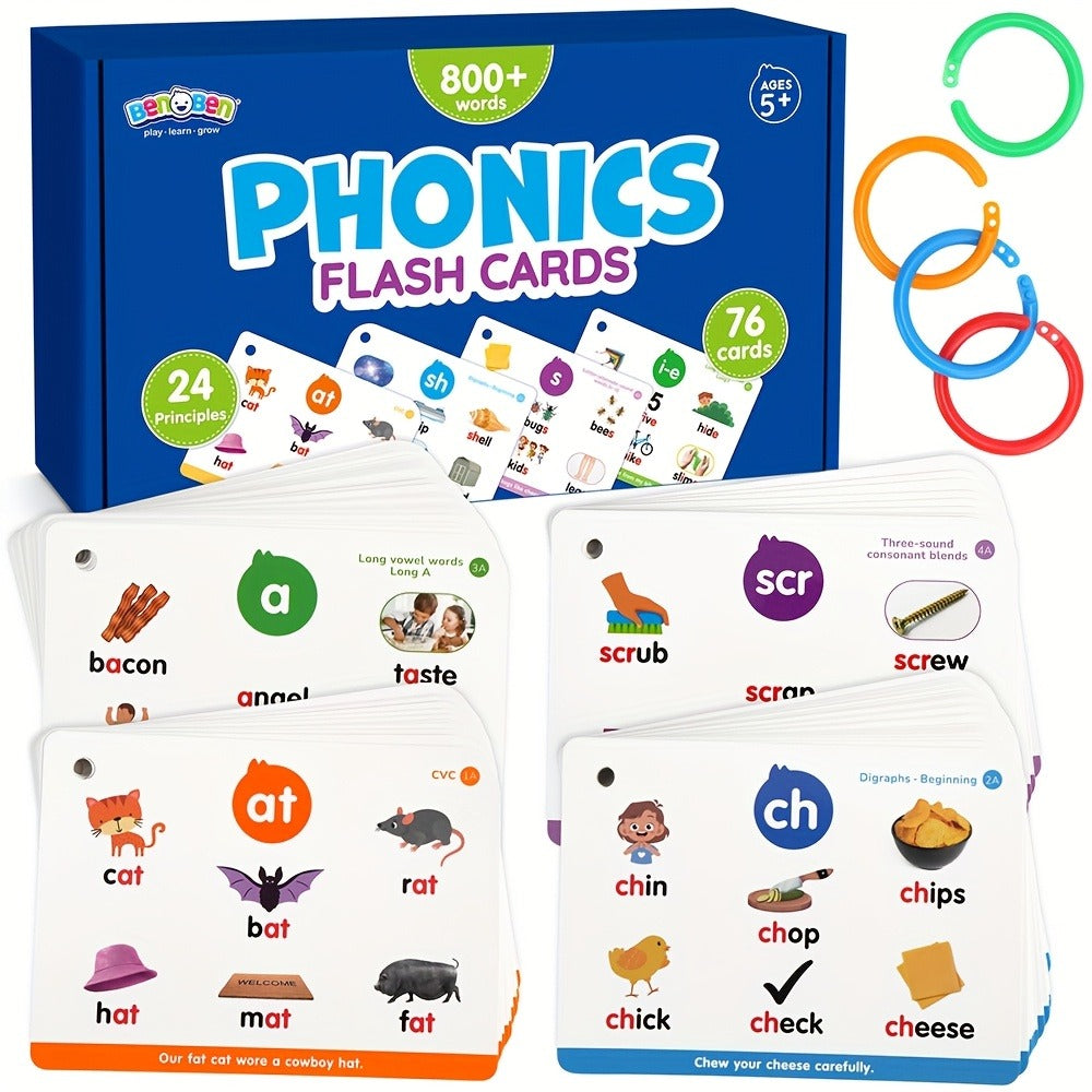 Phonics Flash Cards for Kids 76 Cards 24 Principles, CVC Digraphs Consonant Blends Long Vowels — image 1