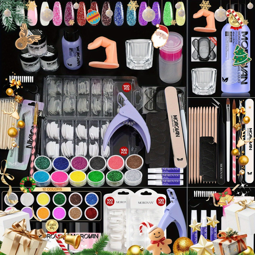 Complete Acrylic Nail Art Kit with Glitter – Pink Clear White Acrylic Powder 12 Color Glitter Powder Nail Liquid Clippers Ful