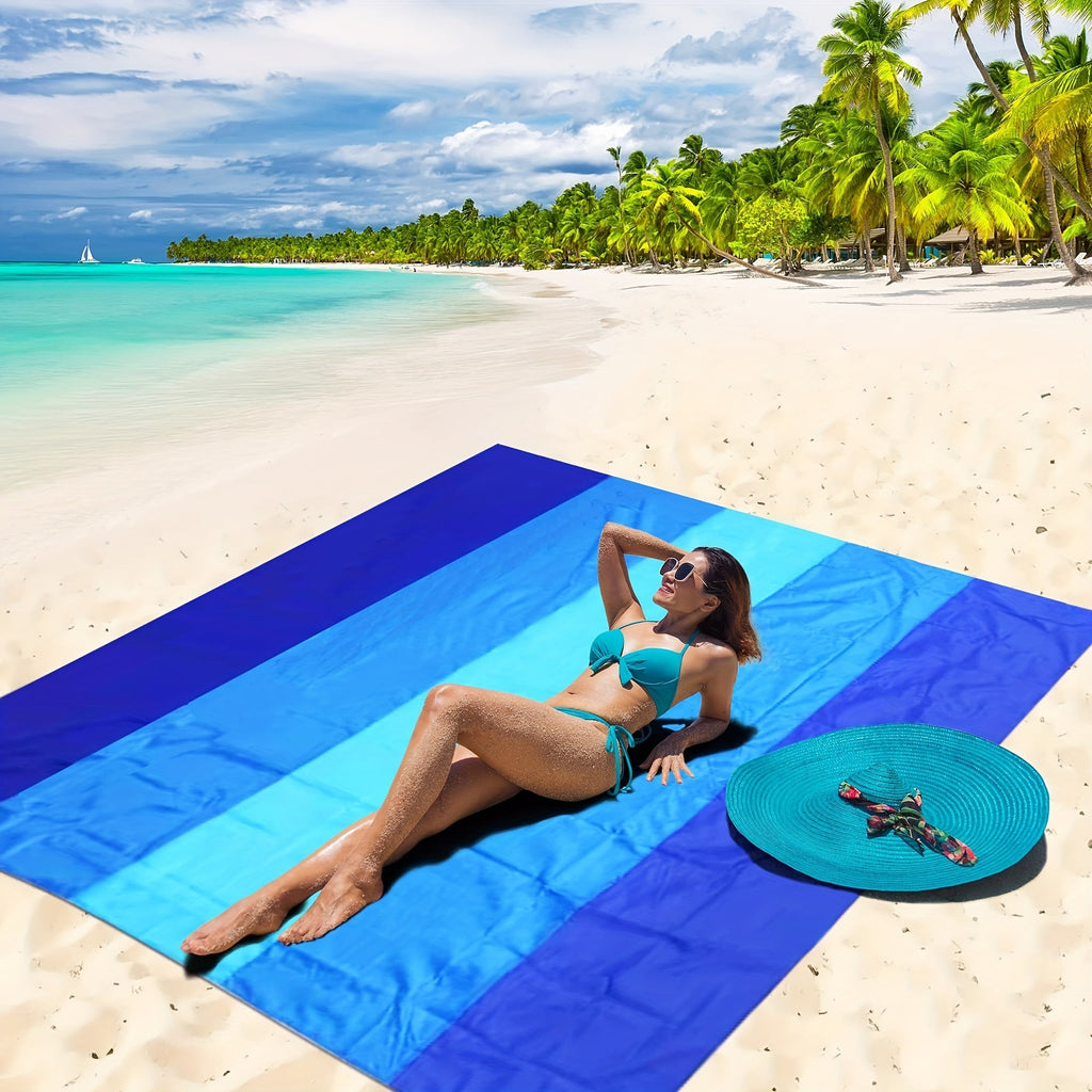 Blue Nylon Beach Mat with Four Stakes, Carabiner and Carry Pouch, 82 x 79in in Two Checkout Labels — image 2