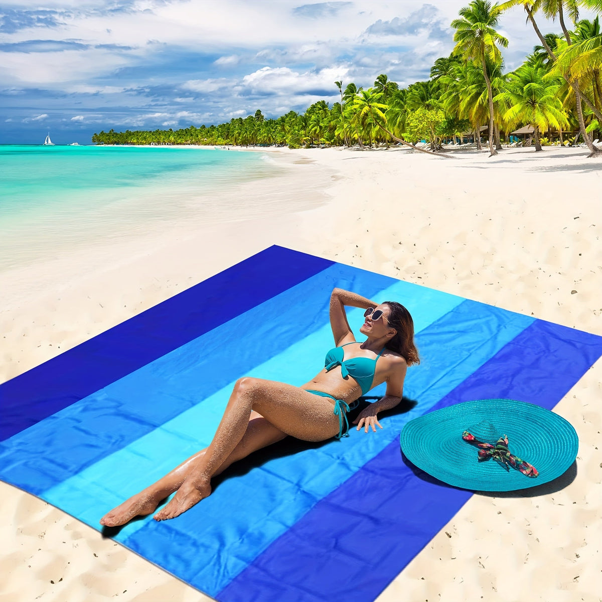 Blue Nylon Beach Mat with Four Stakes, Carabiner and Carry Pouch, 82 x 79in in Two Checkout Labels — image 2
