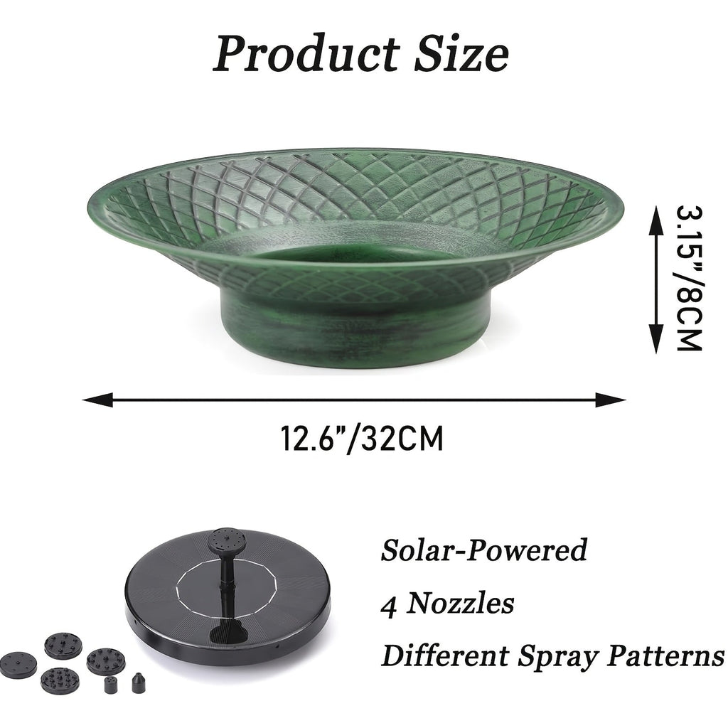 Bird Bath Solar Fountain 12.6" Green Metal Bowl Garden for Garden, Patio and Yard Use, with the Listed Configuration — image 