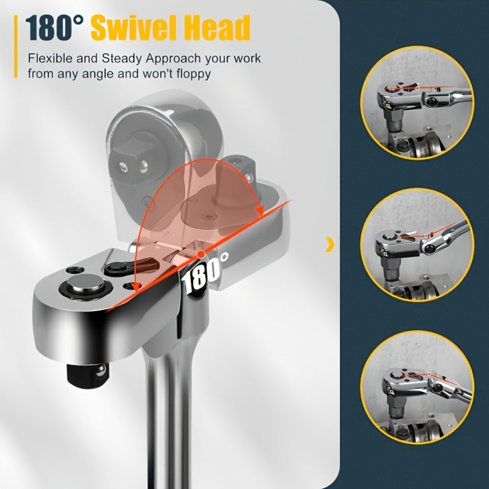 6-Piece Ratchet Wrench Set 1/4" 3/8" 1/2" Drive – Rotating Head Ratchet with Extension Bar, Chrome-Plated Stainless Steel — i