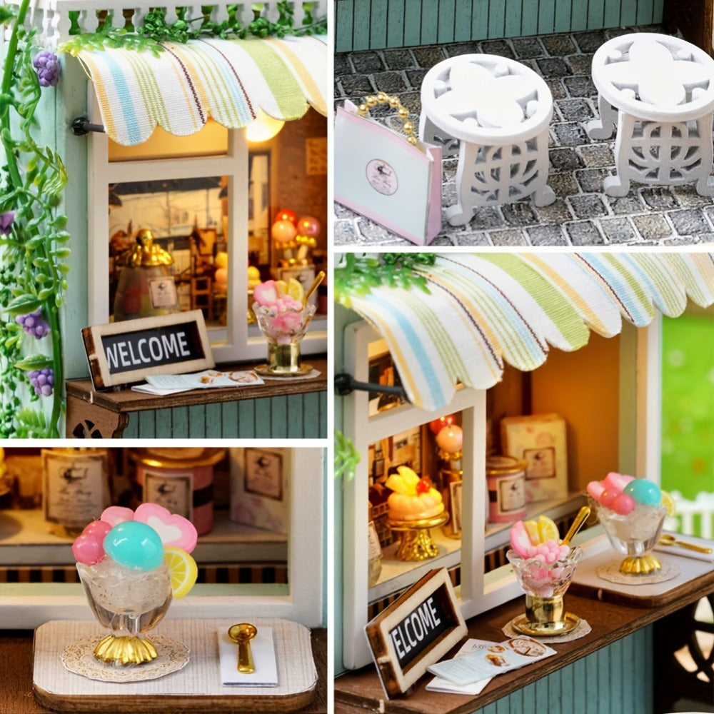 DIY Wooden Tiny House Kit with Dust Cover, Handmade Miniature Dollhouse Puzzle, 3 Themes Afternoon Tea Rotating Food House Mo