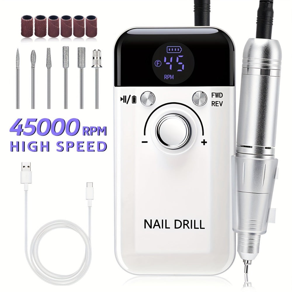 Electric Nail Drill 45000 RPM Rechargeable Kit with LCD Display and V6 Pink or White Options — image 1
