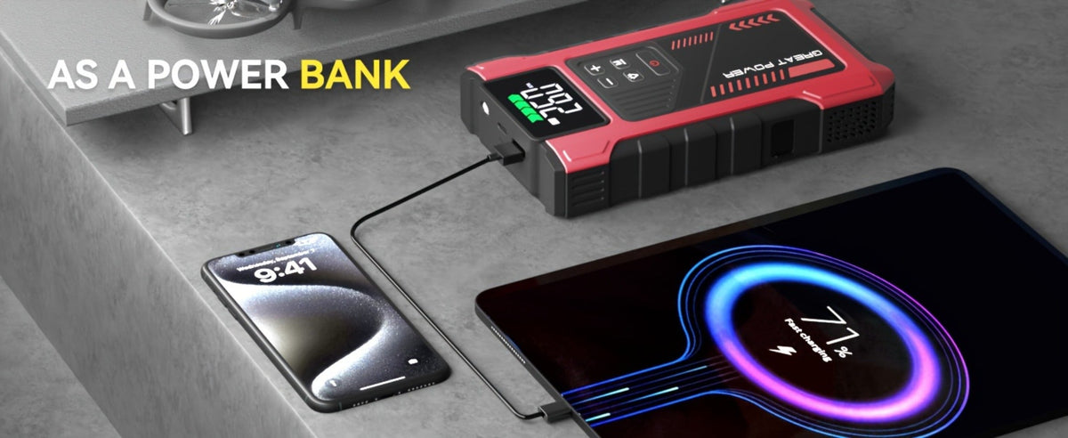12V Jump Starter with 4000A Marking, 150 PSI-Labeled Air Compressor, Digital Pressure Display and Two Black Color Options — i