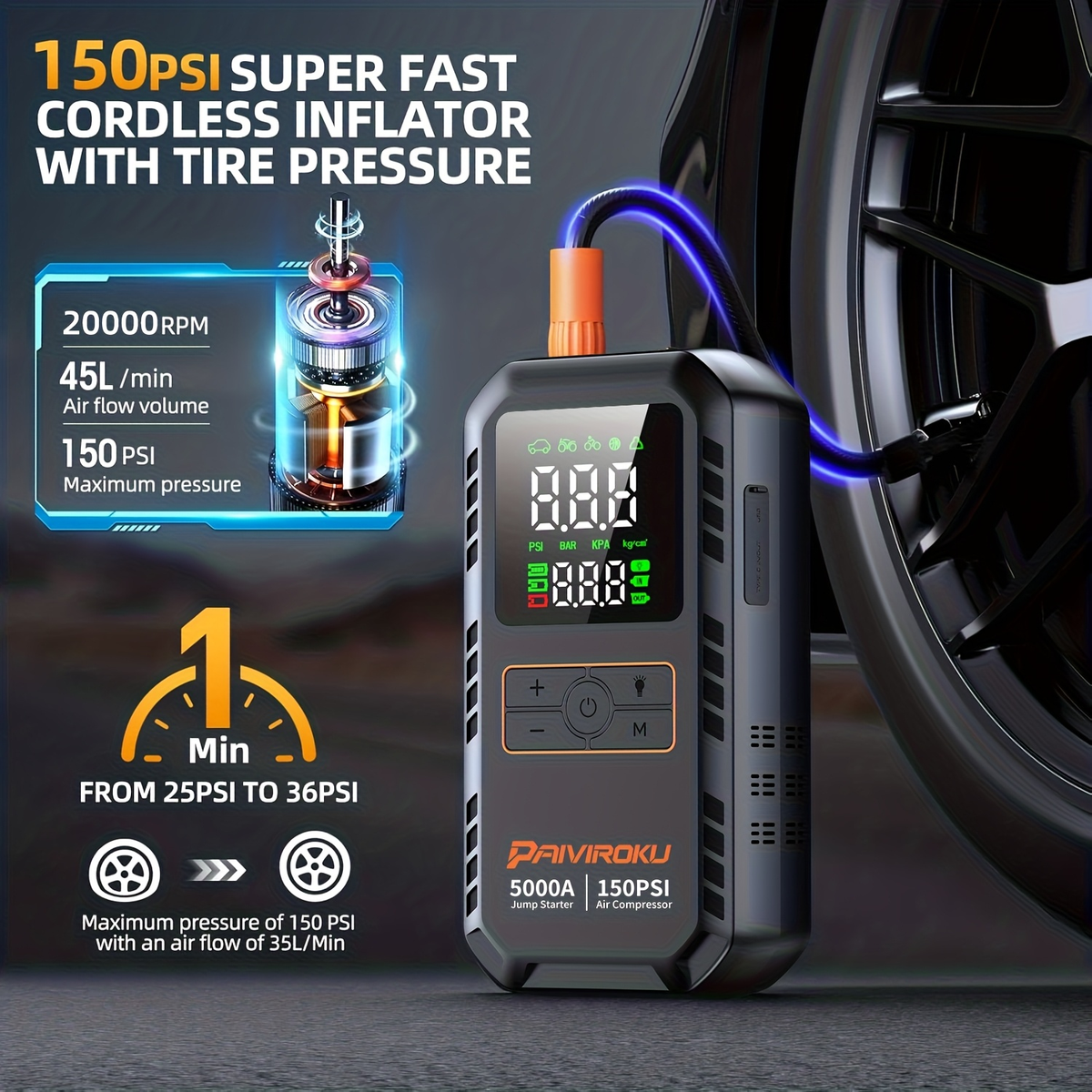 5000A Car Jump Starter with 150 PSI Digital Tire Inflator, 12V Clamps and 44.4Wh, 59.2Wh or 74Wh Options — image 10