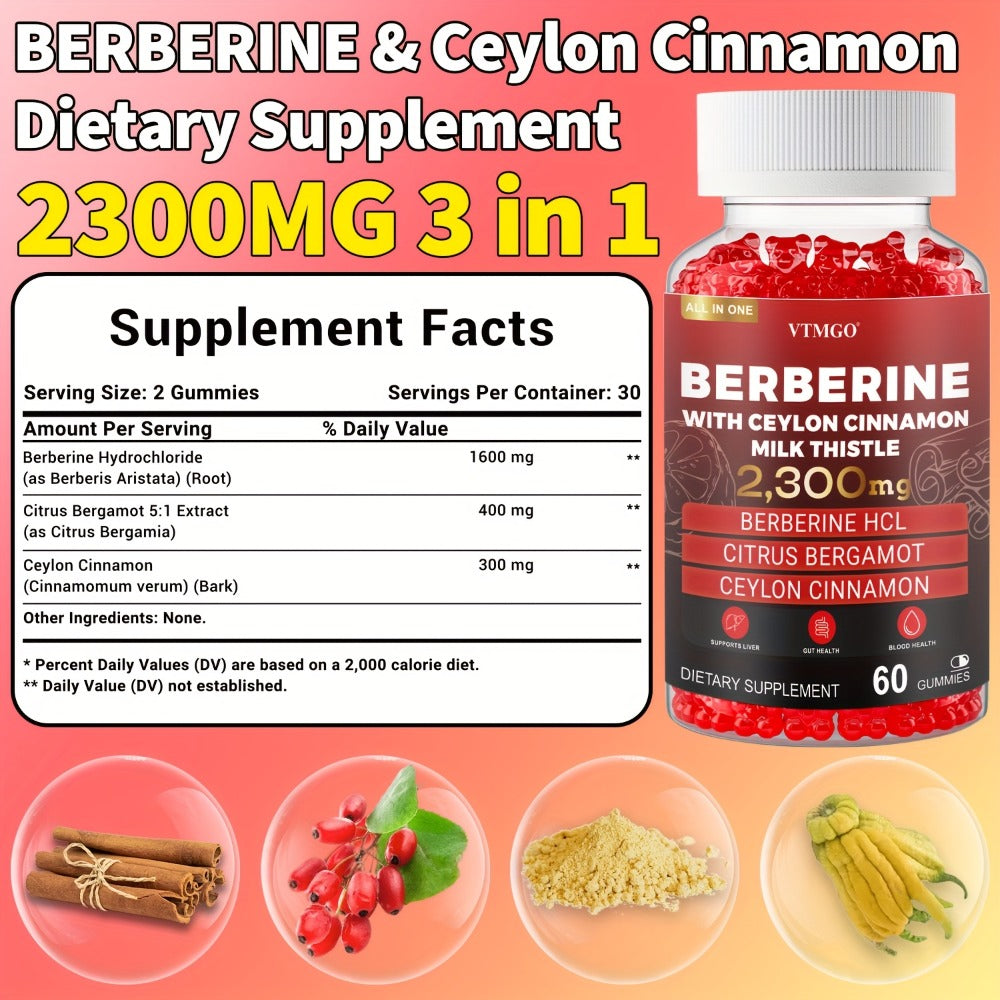 Berberine HCL Gummies 2300mg 60ct with Ceylon Cinnamon, Milk Thistle & Turmeric for Blood Sugar Balance — image 2