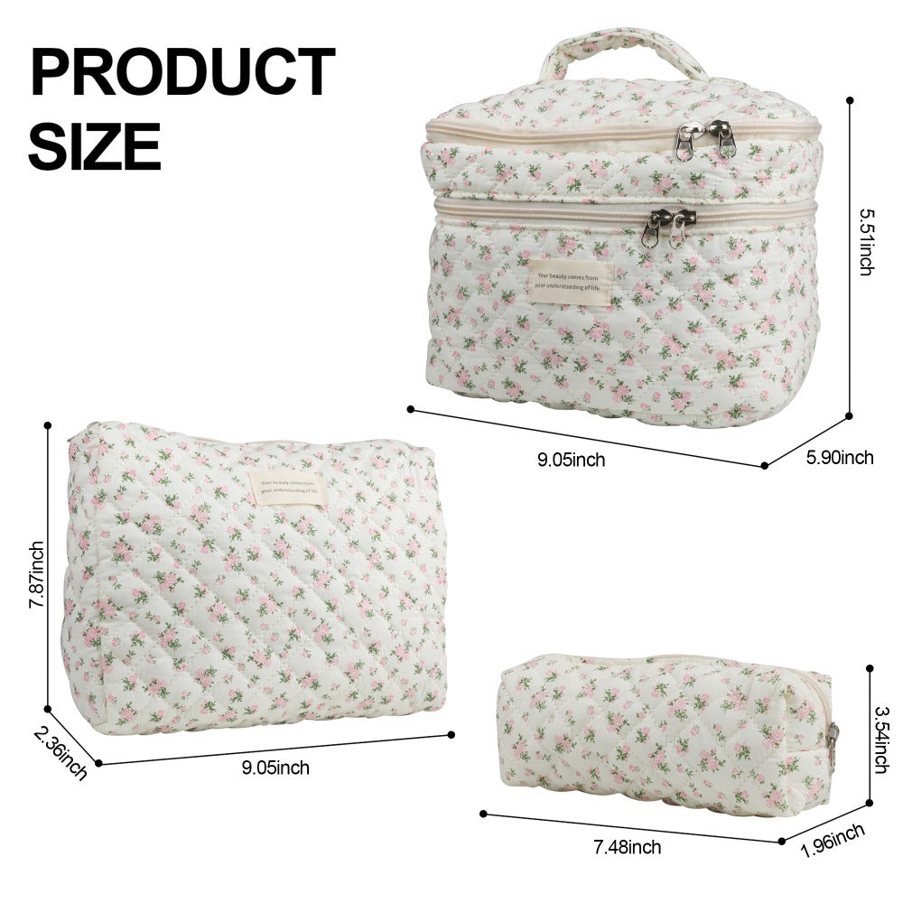Quilted Floral Makeup Bag Set 3PCS Large Capacity Dual Layer Cotton Cosmetic Bags Coquette Aesthetic Travel Toiletry Organize