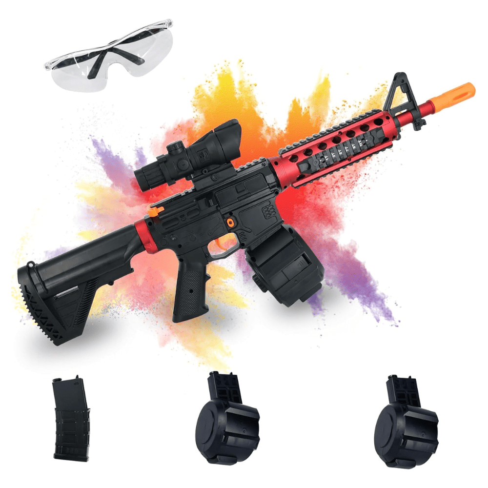 Red-and-Black M416-Style Electric Gel Blaster Set with Scope, Drum, Magazine, Goggles and Charging Cable — image 1