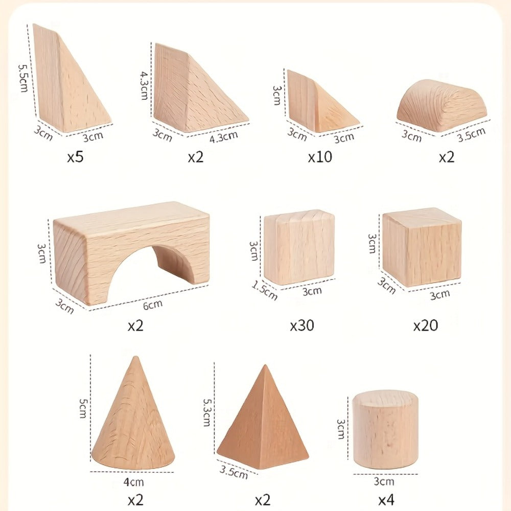 Natural Beech Wood Blocks 100 Piece Unpainted Solid Wooden Building Set, STEM Logical Thinking Toy for Kids Ages 3-12 — image