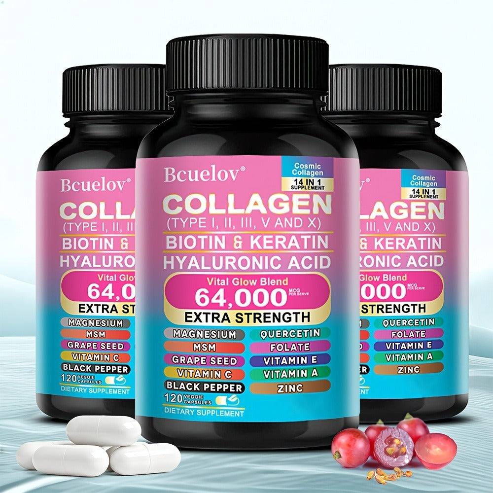 Collagen Capsules Types I II III V X with Biotin Keratin Hyaluronic Acid, Supports Skin Elasticity Hair Growth & Nail Strengt