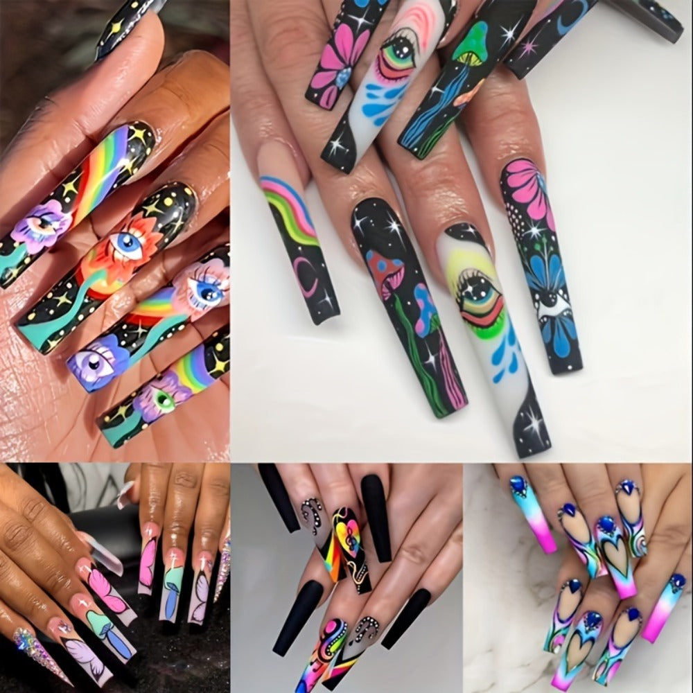 Press On Nails 120-Piece Extra-Long Five-Box Cosmic Eye Rhinestone Matte Floral Stripe Set with Glue — image 4