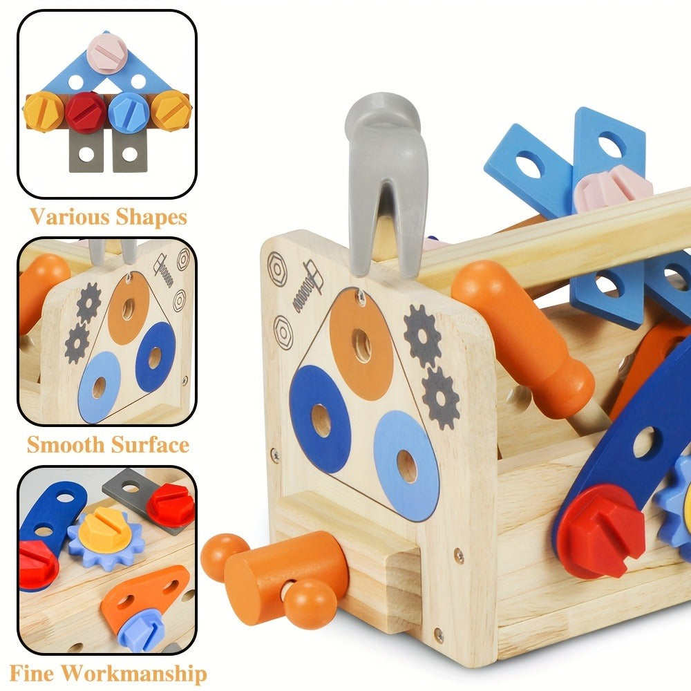 39-Piece Wooden Pretend Tool Set with Vest, Toolbox, Instruction Sheet and Six Example Builds — image 9