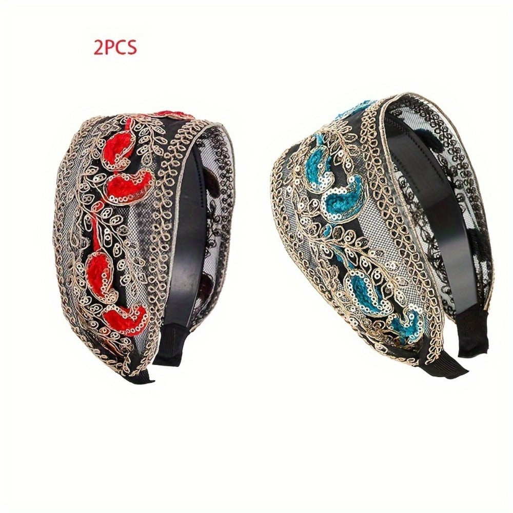 Hair Accessories Two-Piece Wide Embroidered Headband Set with Sequin Floral Details and Color Choices — image 6