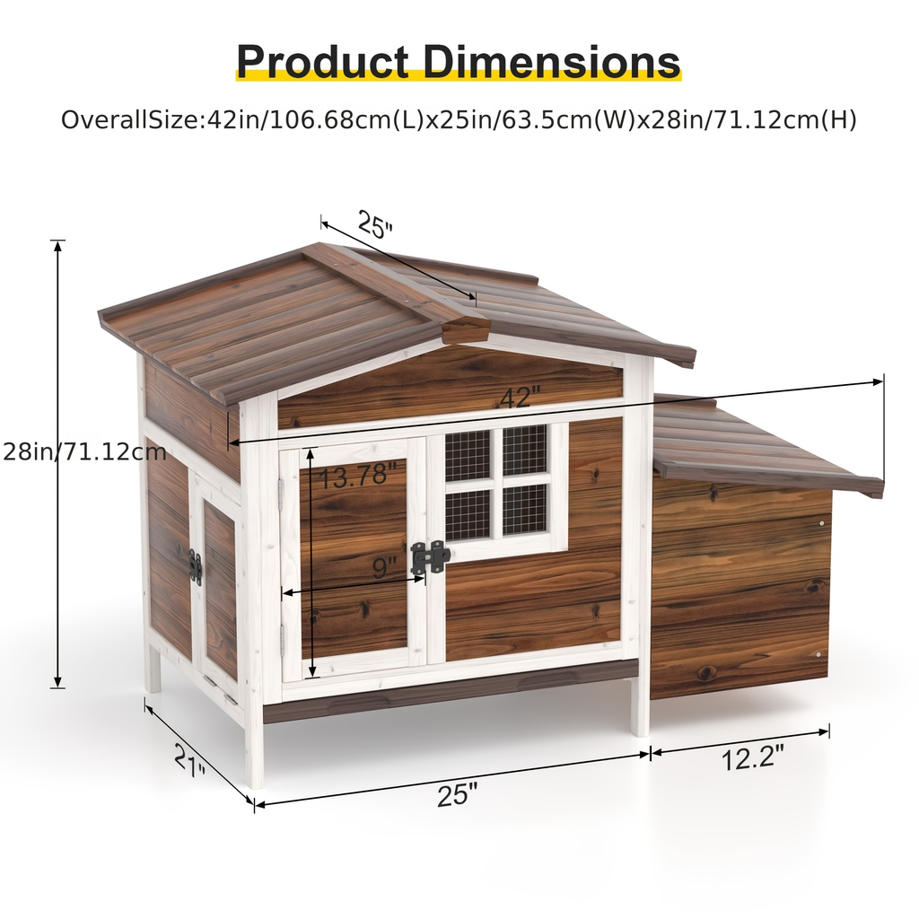 Hen House Outdoor Wooden Chicken Coop with Nesting Box Ramp Removable Tray Elevated Design Fir Wood for Garden, Patio and Yar