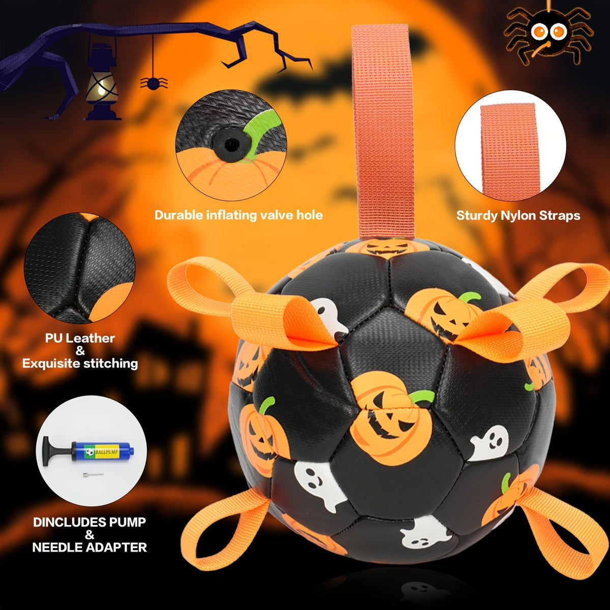 Dog Toy Halloween Pumpkin-Ghost Football with Pump, Strap and 6 or 7.28-Inch Size Options for Dogs — image 2