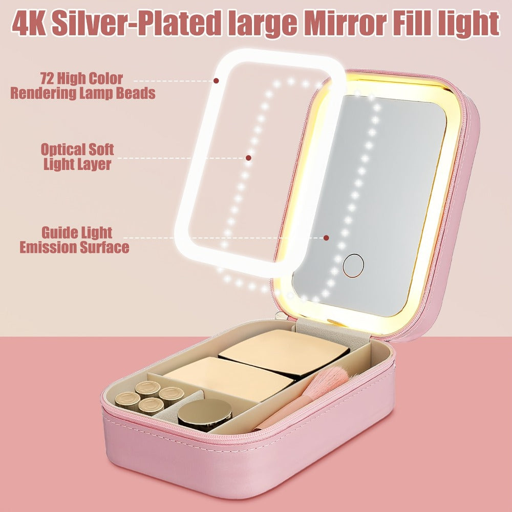Lighted Makeup Mirror with Travel Case Cosmetic Organizer 3-Color LED Light 1200mAh, for Makeup, Travel and Everyday Vanity U