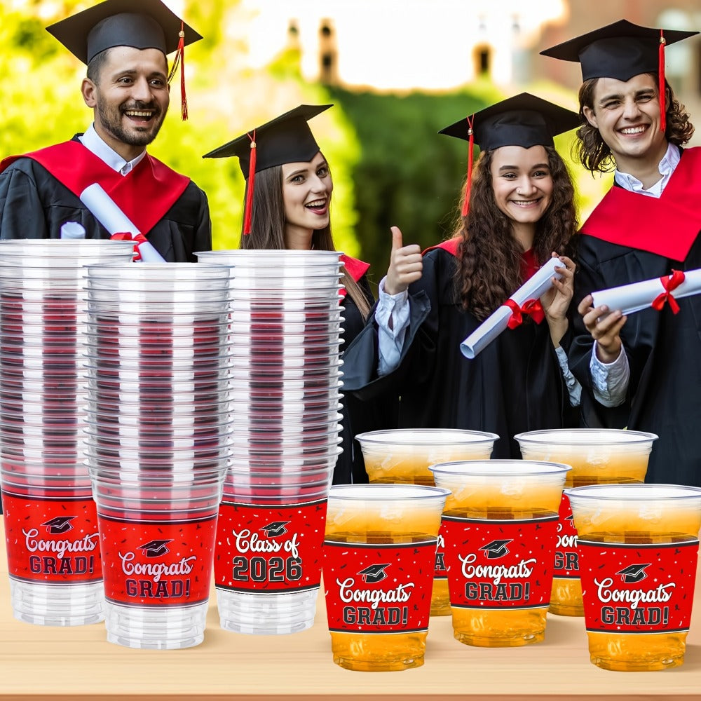 Graduation Plastic Mugs 100 Pack 14oz, 2026 Graduation Party Cups in Black Red Blue Green Purple Maroon for Graduation Ceremo