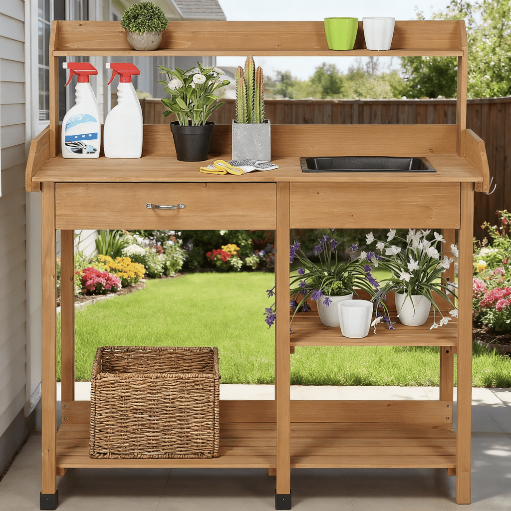 Garden Potting Table 4-Tier with Removable Sink, Adjustable Shelf, Drawer & Side Hooks, Outdoor Planter Stand for Yard Greenh