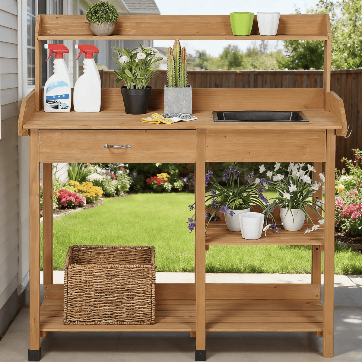 Garden Potting Table 4-Tier with Removable Sink, Adjustable Shelf, Drawer & Side Hooks, Outdoor Planter Stand for Yard Greenh