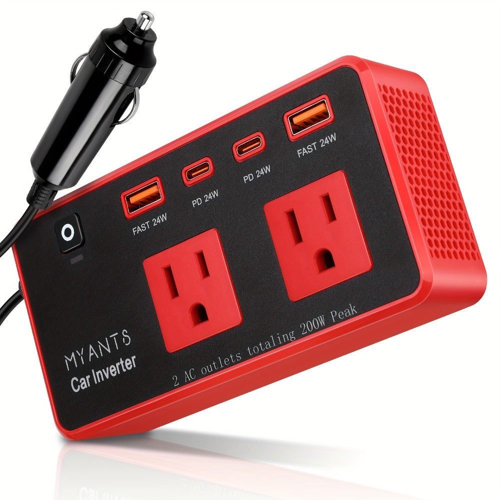 Car Power Inverter 200W – 12V DC to 110V AC, 4 USB Ports (PD & QC 3.0), Fast Charging Car Outlet Adapter for Road Trips — ima