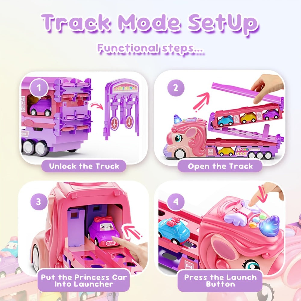Pink Unicorn Monster Truck Track Set with 8 Princess Cars, Lights & Sounds with the Listed Color, Size or Set Options for Eve