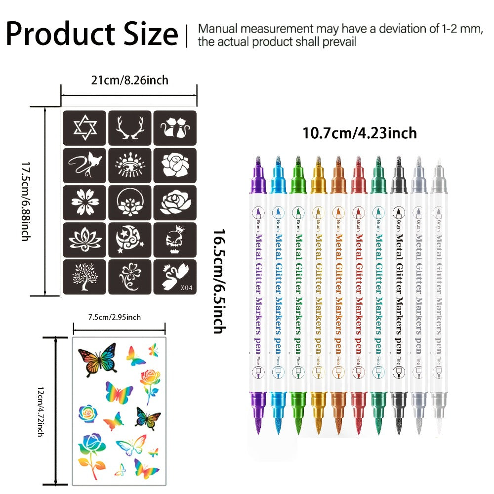Double-Ended Tattoo Pen Set 10 Pcs with 114 Templates & Butterfly Stickers, Waterproof Sweat-Resistant DIY — image 4