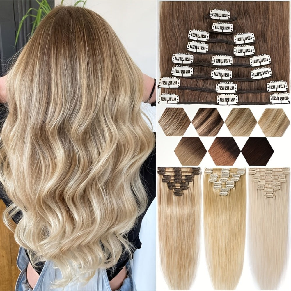 Hair Extensions Straight Remy Human Hair Clip-In Set with Eight Wefts, Highlighted Blonde Colors and 8–24-Inch Lengths — imag
