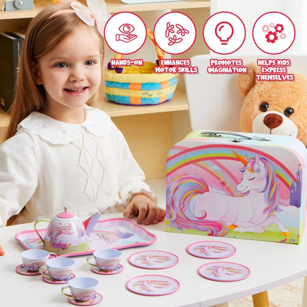 Pink Unicorn Tin Tea Set in Carry Case with Teapot, Four Cups, Four Saucers and Five Plates — image 13
