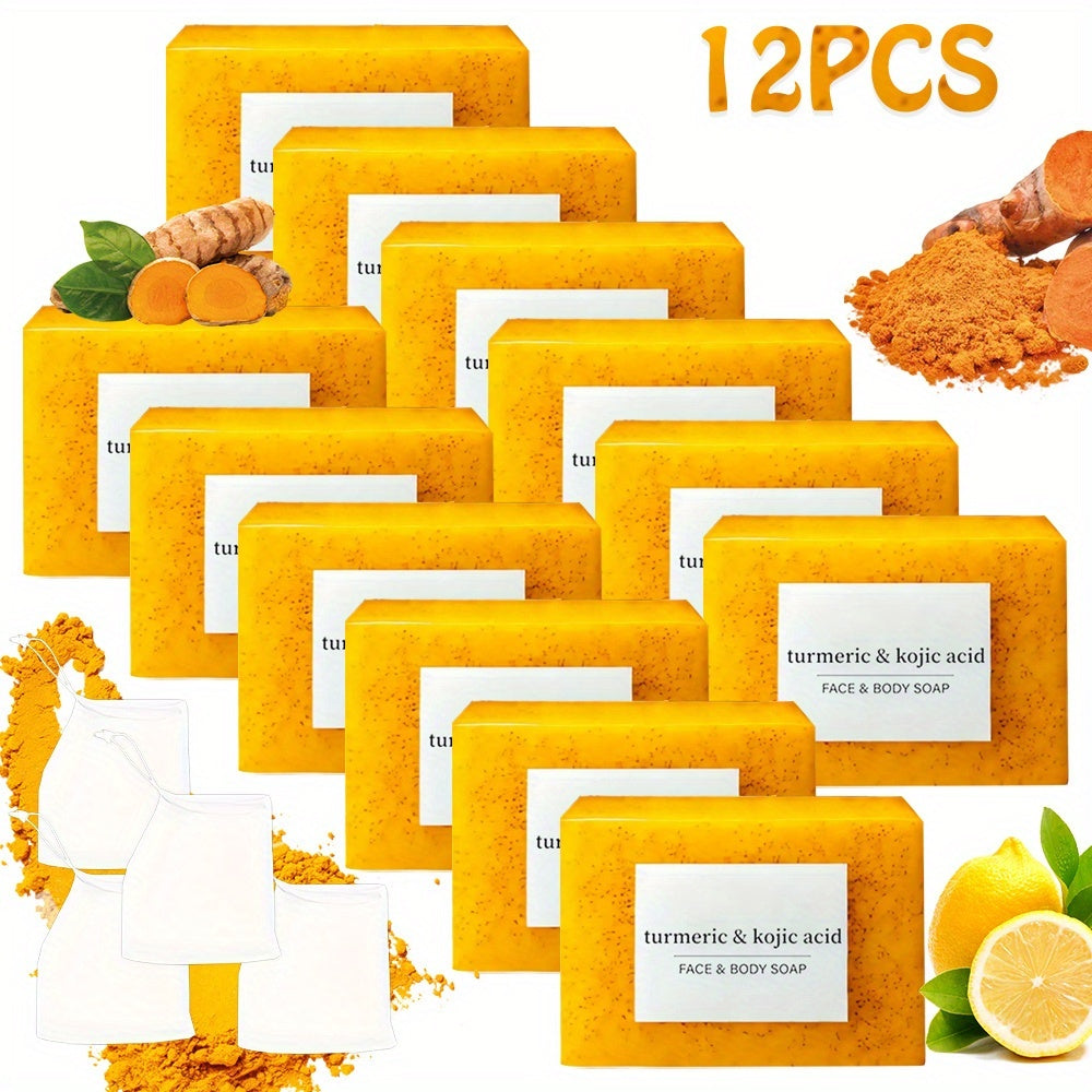 Kojic Acid Turmeric Soap Bar Set 12 Pack 100g with 4 Bubble Nets – Ginger Lemon Handmade Moisturizing Brightening Body Soap f