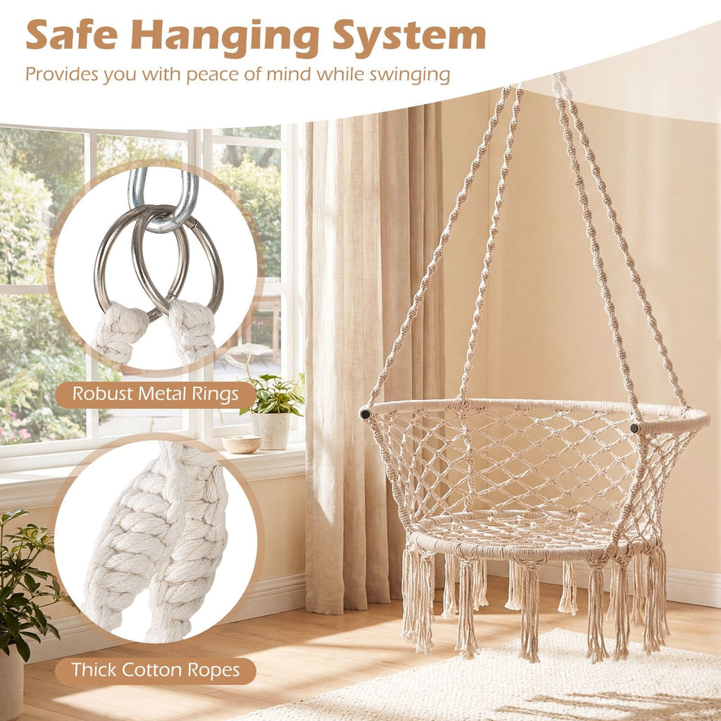 Beige Macrame Hammock Chair with Cotton Rope, Metal Frame and 31.5 x 26-Inch Hanging Seat Design — image 2