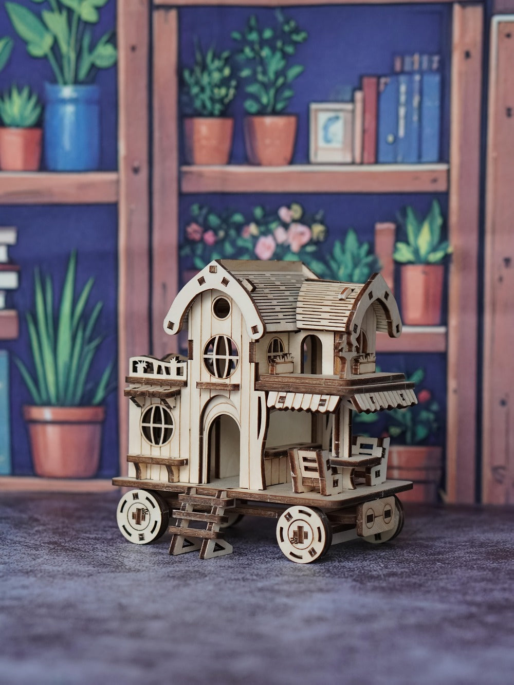 3D Wooden Puzzle Mobile Home on Wheels – DIY Café Bar Model Kit, Handcrafted Miniature House Assembly, Unique Desk Decoration