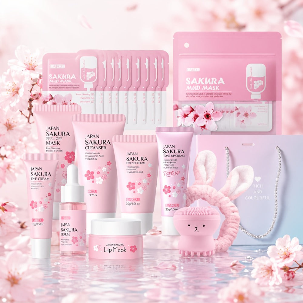 30-Piece Sakura Skincare Gift Set with Pink Face-Care Assortment, Mask Packets, Pouch and Routine Accessories — image 2
