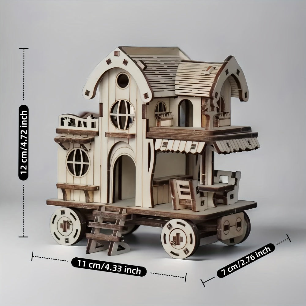 3D Wooden Puzzle Mobile Home on Wheels – DIY Café Bar Model Kit, Handcrafted Miniature House Assembly, Unique Desk Decoration