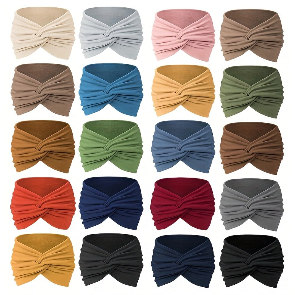 Stretchy Headbands 20 Pack for Women & Men – Soft Sweat-Wicking Non-Slip Elastic Turban Knot Hair Wraps Breathable Solid Colo