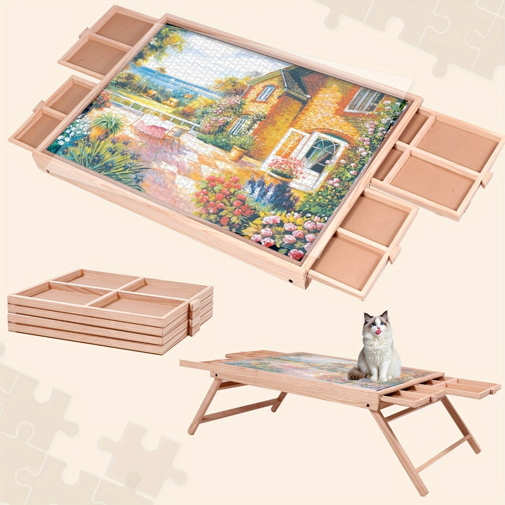 Foldable Puzzle Board Table with Legs – 29.9"x22" Elevated Wooden Jigsaw Desk, 4 Sorting Drawers, Back-Saving Ergonomic Desig