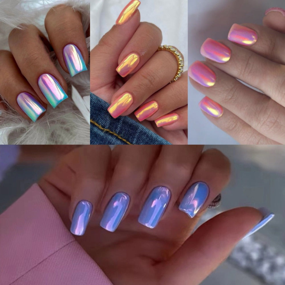 Press On Nails 96-Piece Short Square Set with Pink Chrome Mirror Metallic Full-Cover Finish — image 11