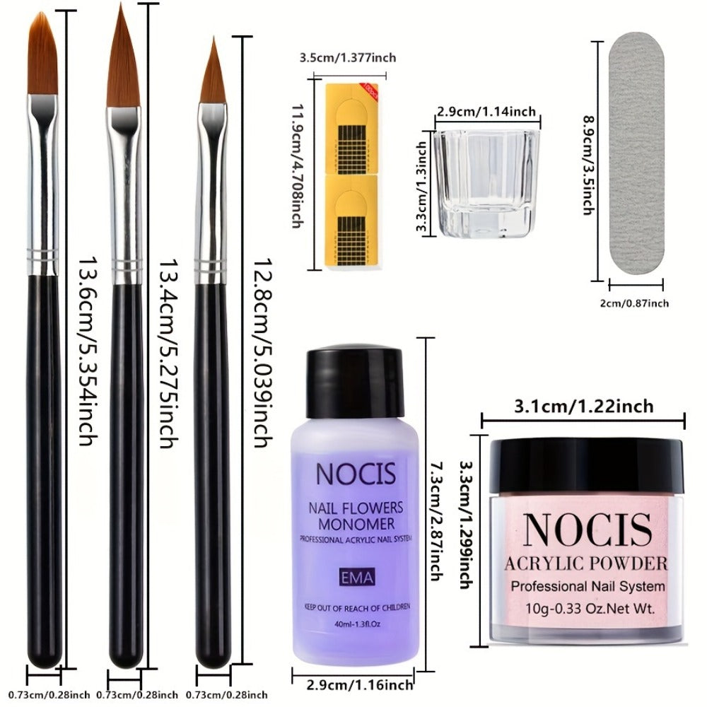 Acrylic Nail Kit NOCIS Four 10g Light Neutral Powders with Liquid Monomer, Three Brushes, File and Mixing Cup — image 5