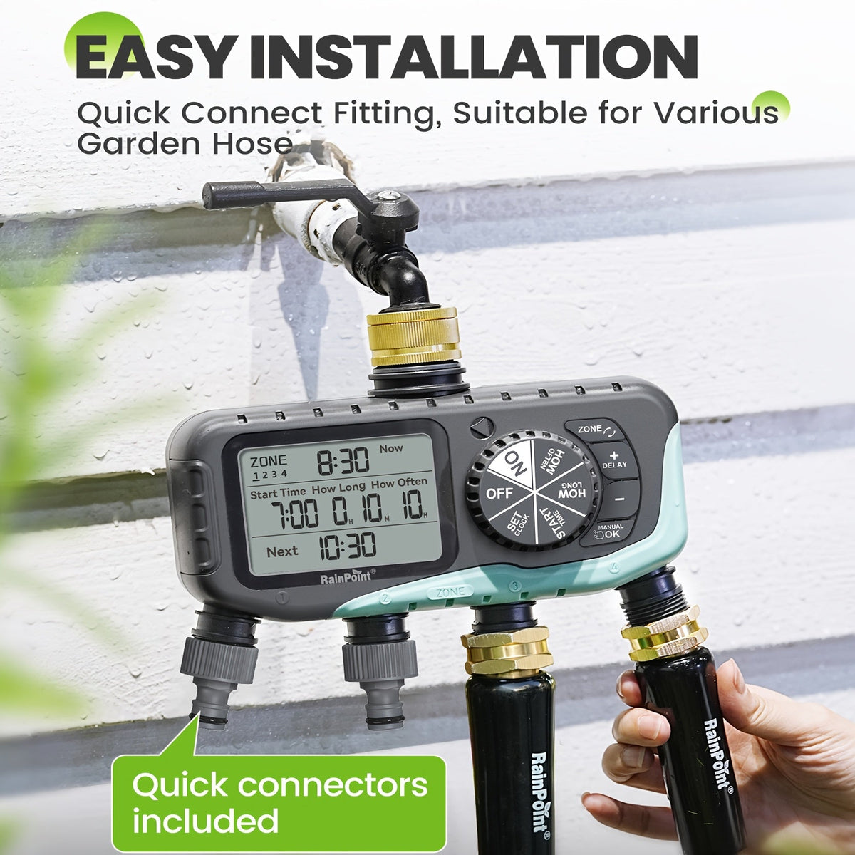 Garden Irrigation System 4-Zone, Automatic Watering Controller with Brass Head, Manual & Rain Delay Modes — image 3