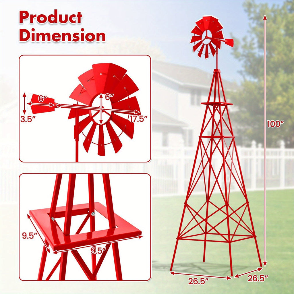 Decorative Windmill 8 ft Metal Outdoor Garden Windmill with Weathervane 4 Ground Stakes All-Weather for Garden, Patio and Yar