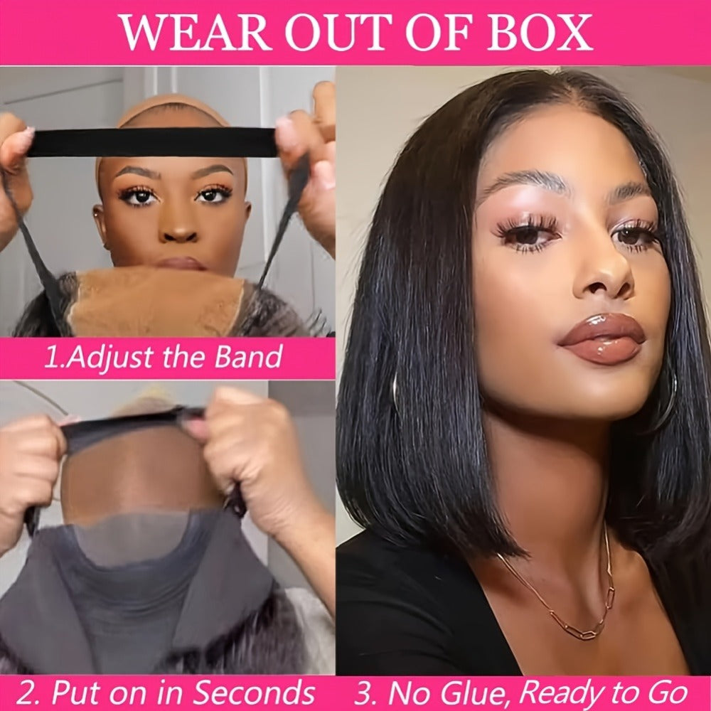 Bob Wig Human Hair 250% Density 4x4 HD Lace Straight Glueless Pre Cut Pre Plucked Wear and Go Natural Black for Women Daily W