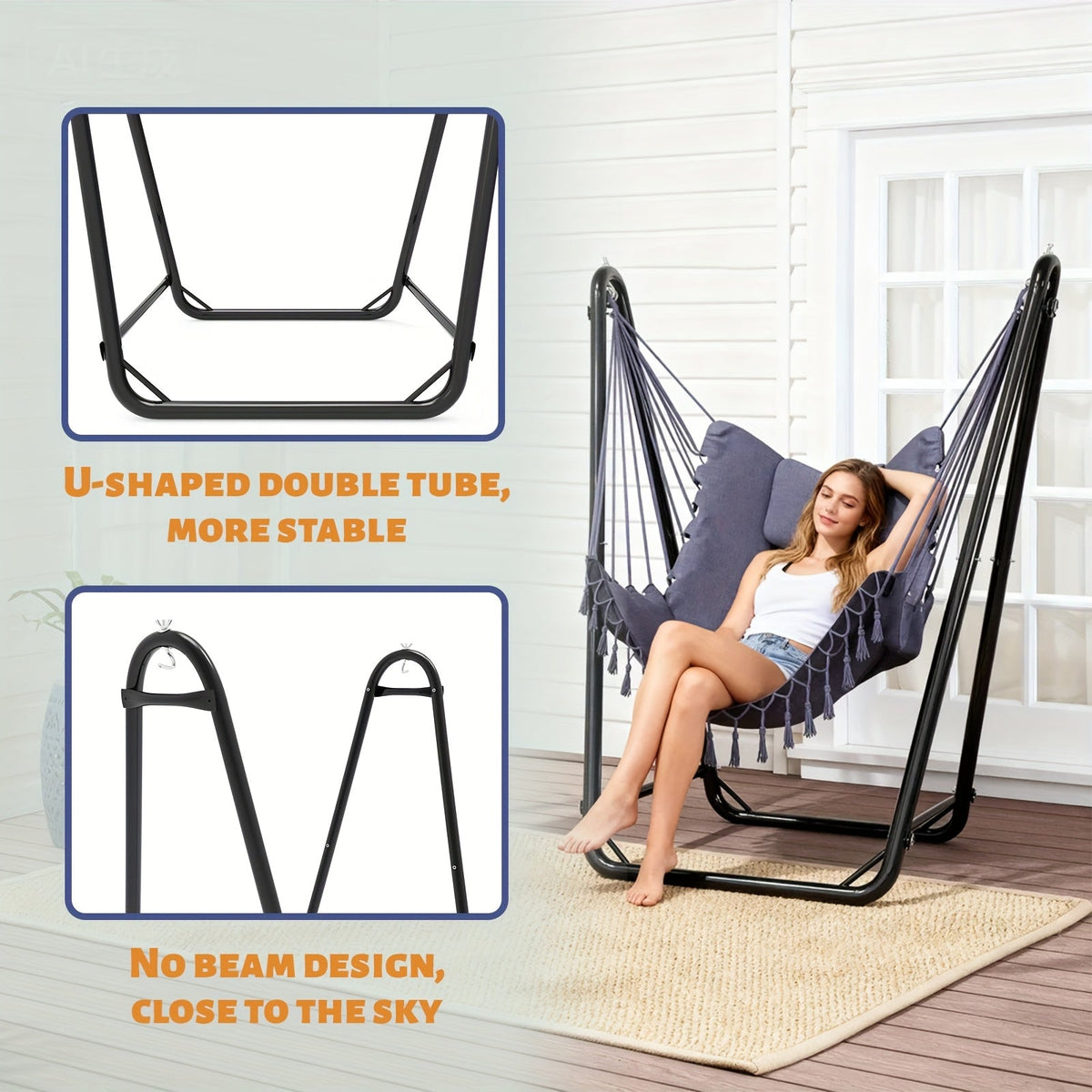 U-Shaped Hammock Chair Stand with Free Hanging Chair, Double Tube Steel Frame, Powder Coat, Side Pocket Included — image 7