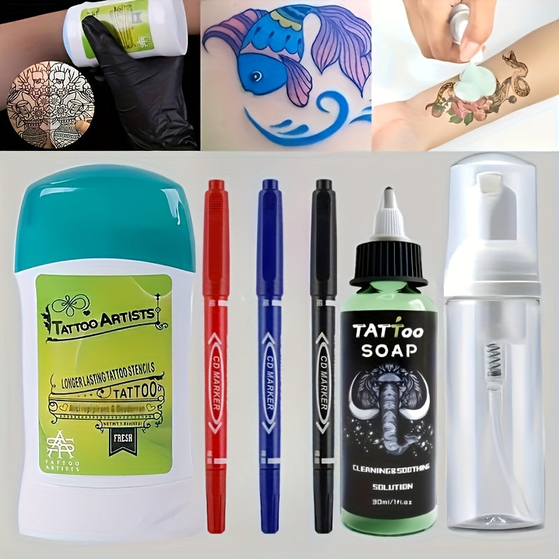 Tattoo Transfer Kit Complete Set with Ink Gel Green Soap Solution & Stencil Markers for Temporary Body Art, Festivals and Cos