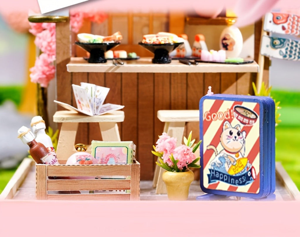 DIY Miniature Shop Dollhouse Kit with Dust Cover, Wooden Mini Store Assembly Set, 4 Themes Sakura Noodles Candy Atelier Coffe