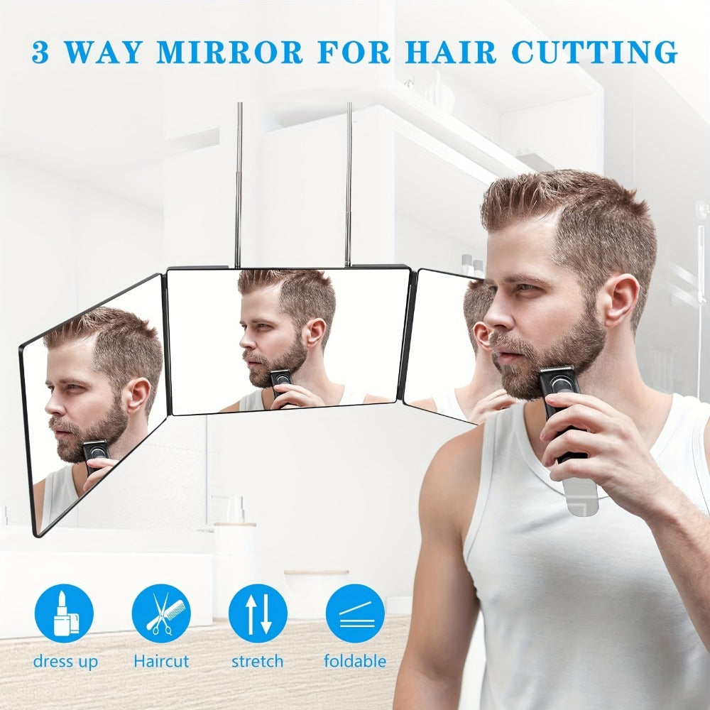 Hair Cutting Mirror 3 Way with LED Light – 360° View Trifold Barber Mirror, Adjustable Height, Door Hang Wall Mount or Tablet