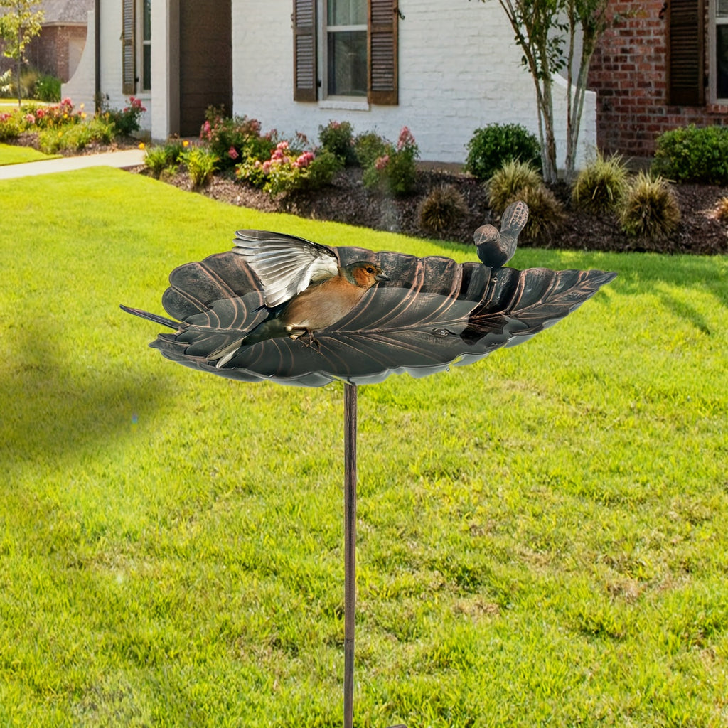 20-Inch Copper-Look Leaf Bird Bath with Bird Accent and Two-Prong Garden Stake for Yard and Lawn — image 1
